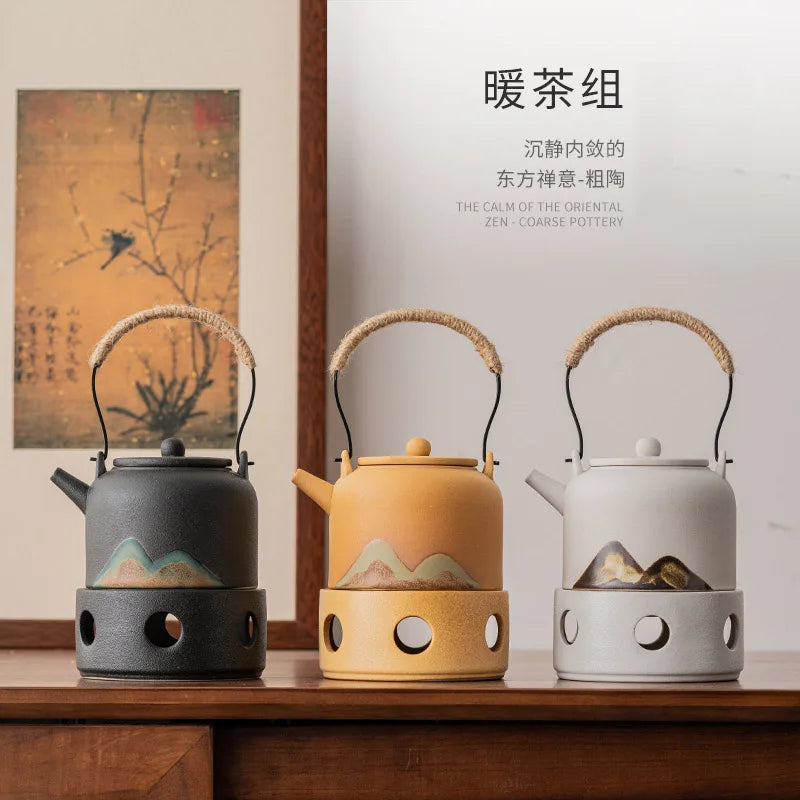 Popular Hand-Painted Chinese Antique Black Tea Pot With Warmer Tin Handmade Stoneware Ceramic Floral Tea Pot Set