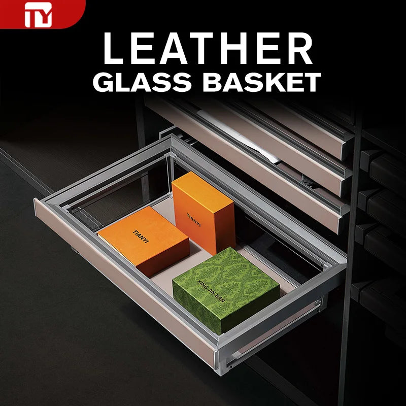 Wardrobe Glass Storage Basket Pull Out Organiser Aluminum Silent Soft Close Triple Damper Track Wall Mount Detachable