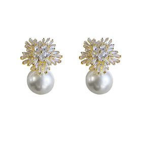 DUYIZHAO Hot Selling Women Jewelry Pink Full Diamond Shinning Sun Sunflower Pearl Drop Earrings for Daily Wear