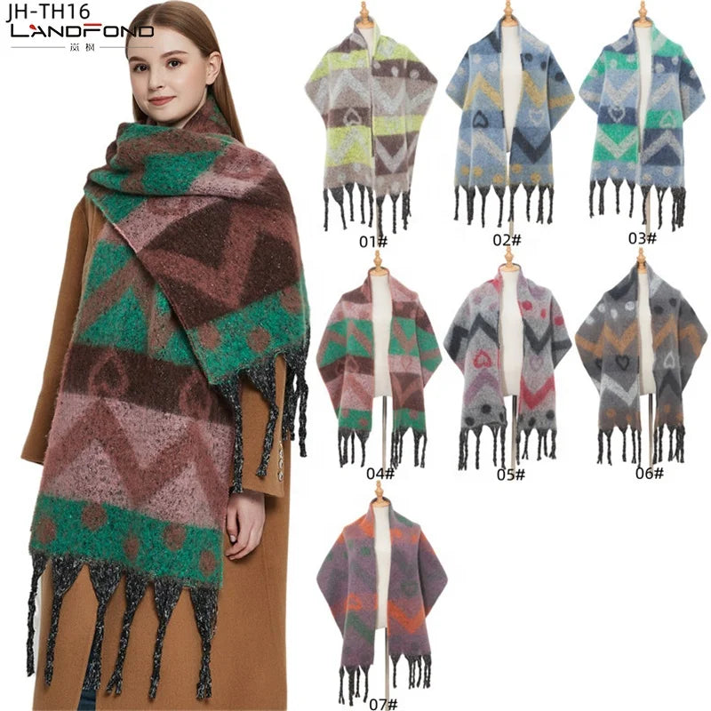 Landfond Accessory Women Winter Thickened Looped Yarn Scarf Cute Pattern Jacquard Scarf