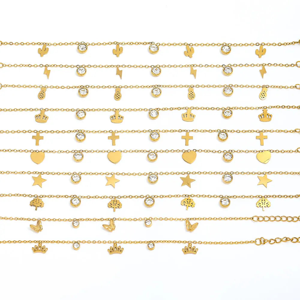 Joolim 18K Gold Plated Cross Chain Round Zirconia Heart Butterfly Pendant Bracelet Stainless Steel Fashionable Jewelry