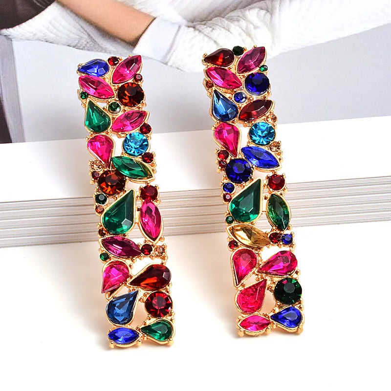 Trendy rainbow Color Glass Rhinestone Drop Stud Earrings Statement Geometric Rectangle Dangle Earrings Long Pendants ZA Jewelry