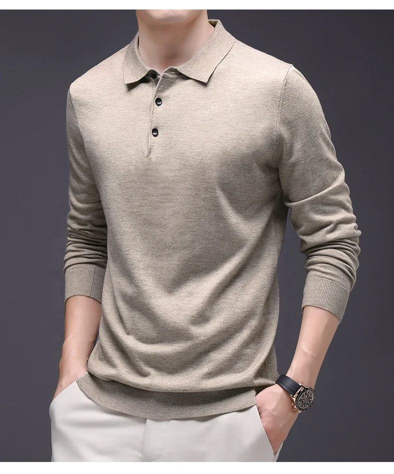 Men's Vintage Casual Fashion Long-Sleeved Sweater Quick Dry Anti-Wrinkle Embroidered Solid Color Lapel Slim Loose Fit Woven