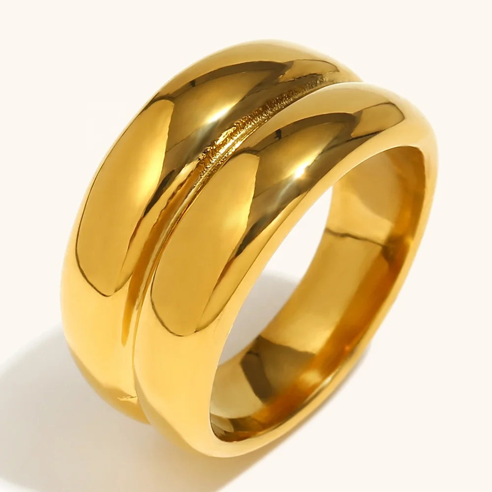 Dingran Women's Stainless Steel Rings Latest Fashion Minimalist Double Layered Drum Shaped 18k Gold Plated