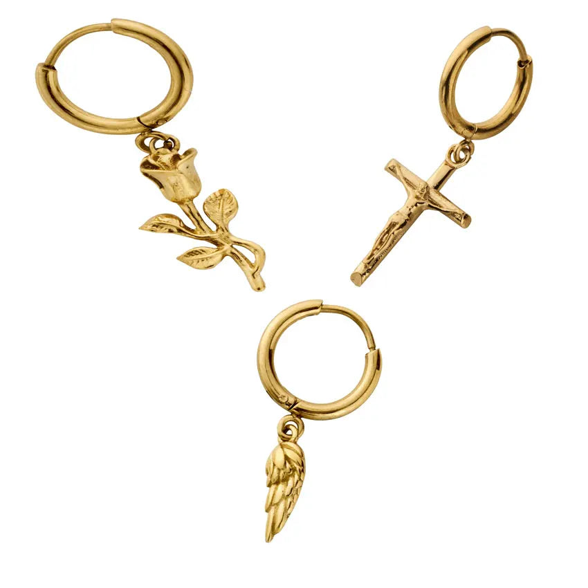 Custom Men Crucifix Pendant Earrings Stainless Steel Rose Flower Charms Mini Hoop Huggie Angel Wings Dangle Earring