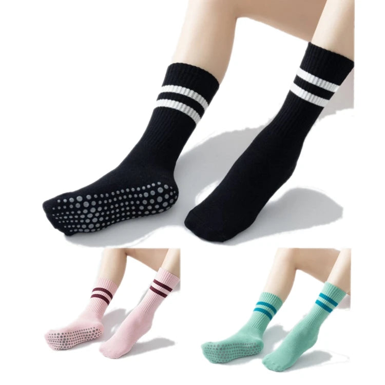 Crew Anti Slip Striped Black Custom Logo Cotton Athletic Women Gel Pilates Dance Yoga Grip Socks