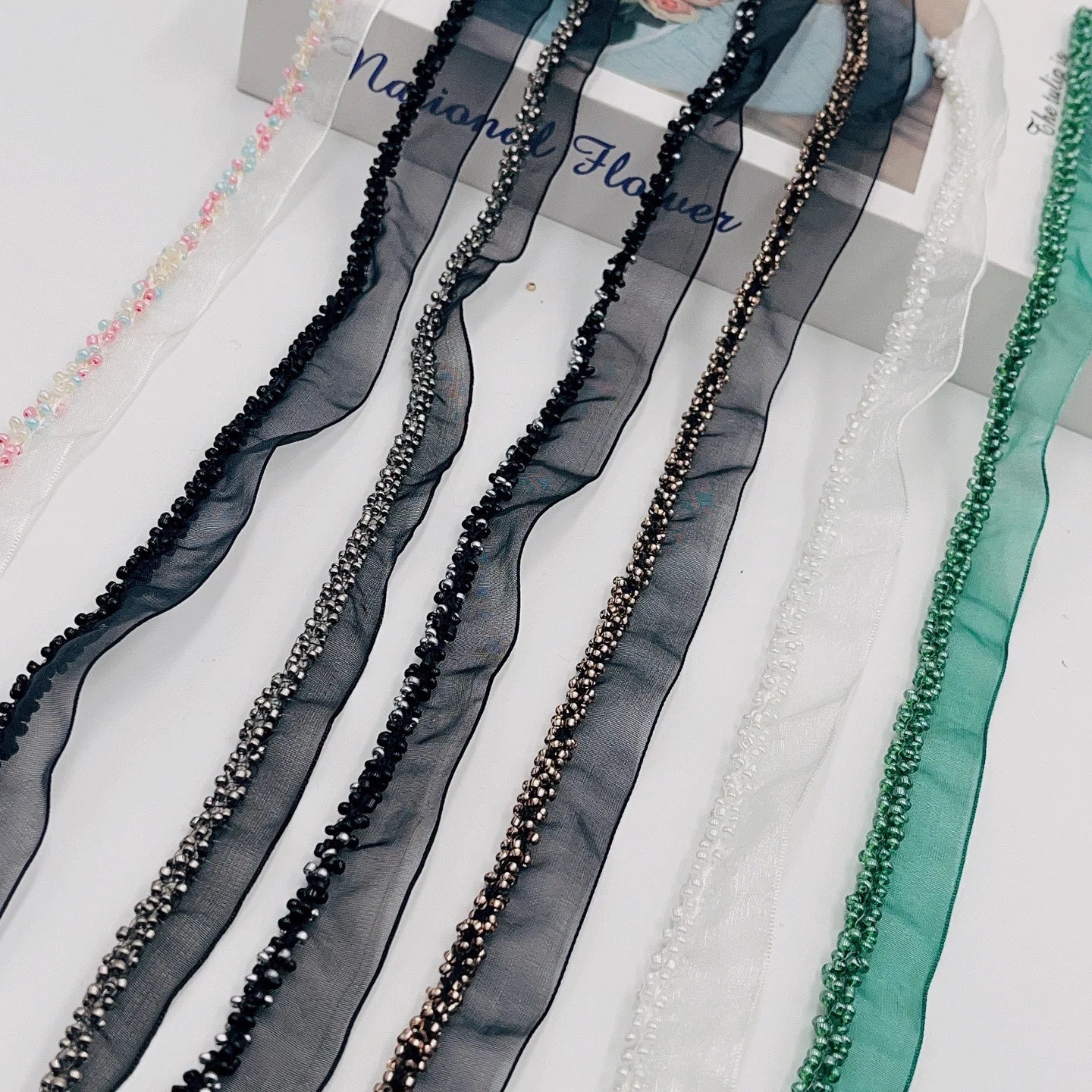 JFL038 Spot Snow Yarn Belt Millet Bead Lace Clothing Accessories Coat Hat Bag Headband Decoration Small Fragrance Style Ribbon