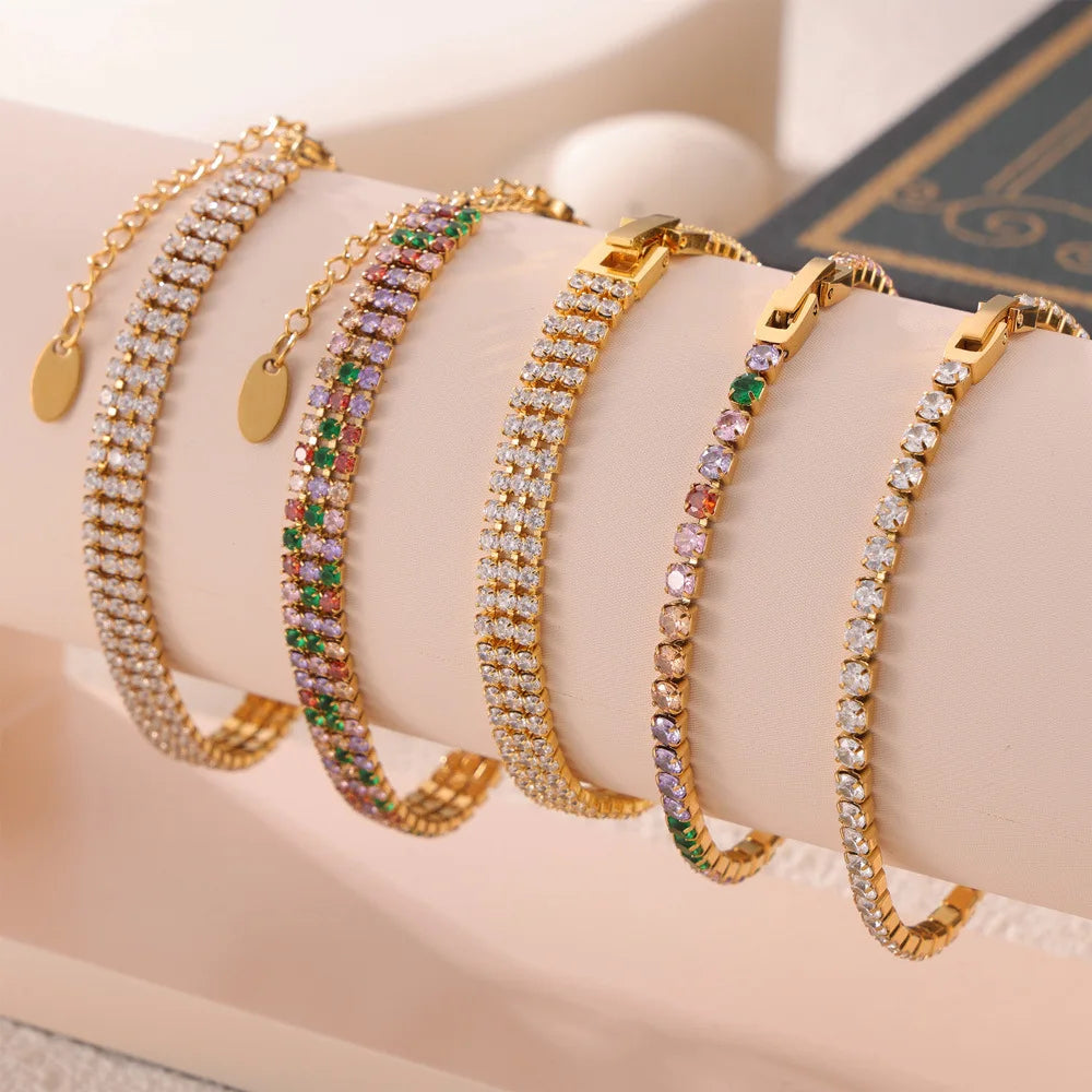 Affordable Adjustable Waterproof Stainless Steel Rainbow Zirconia Tennis Best Seller Bracelet 2 & 3 Rows Anniversary