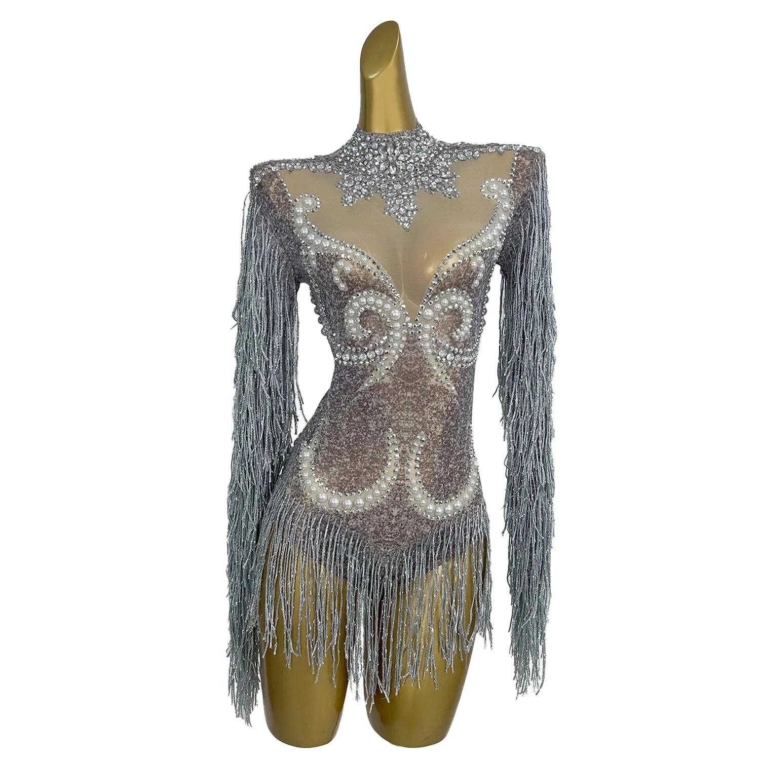 Fashion Pearls Rhinestone Birthday Party Stage Performance Jumpsuit Show Festival Outfit Women Dance Leotard Tassel Bodysuits