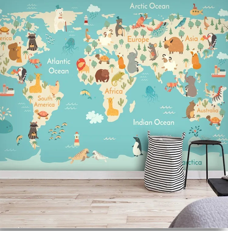 Cartoon Animal World Map Wallpaper Mural Bedroom Children's Room Wallpaper Warm Background Wall Environmentally Friendly Mural