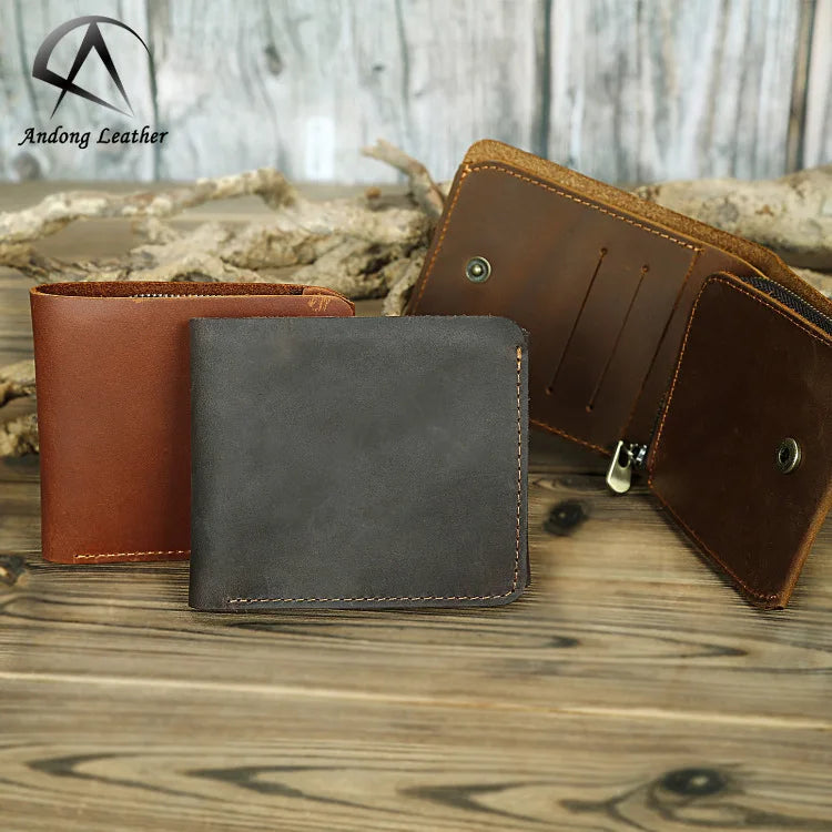 Andong Retro Short Wallet for Men Crazy Horse Leather Purse Card Holder Genuine Leather Male Slim Wallets