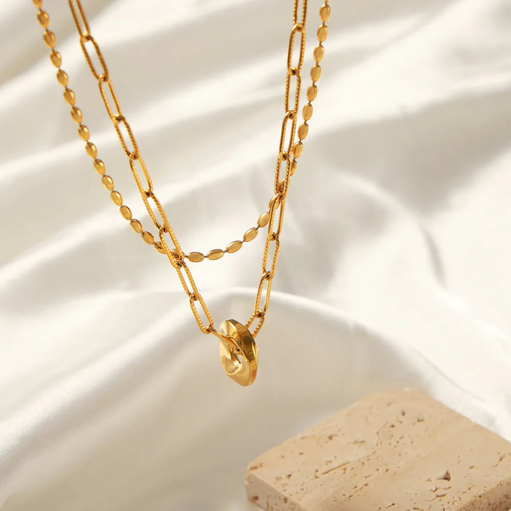 Beimai OEM Necklace Clavicle Chain Titanium Steel Gold Plated Round Pendant Double Layer Necklace