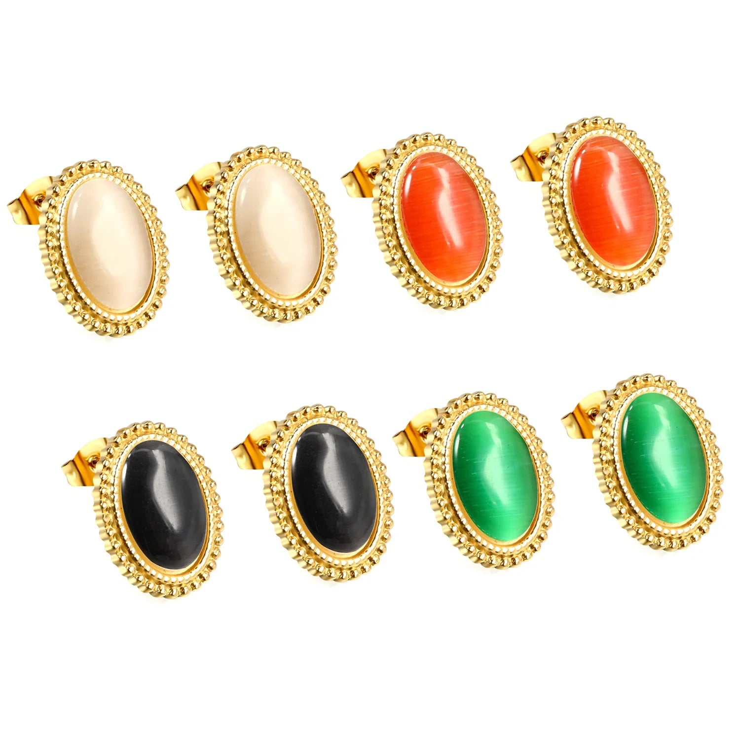 Retro Stainless Steel Gold Plated Stud Earrings Jewelry Custom Multicolor Oval Cat Eye Stone Earrings Pearl Earrings for Women