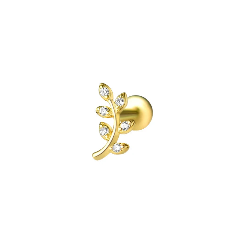 Women Fine Hypoallergenic Body Piercing Jewelry Earrings Leaf Shaped 925 Sterling Silver Labret Helix Tragus Studs Earring