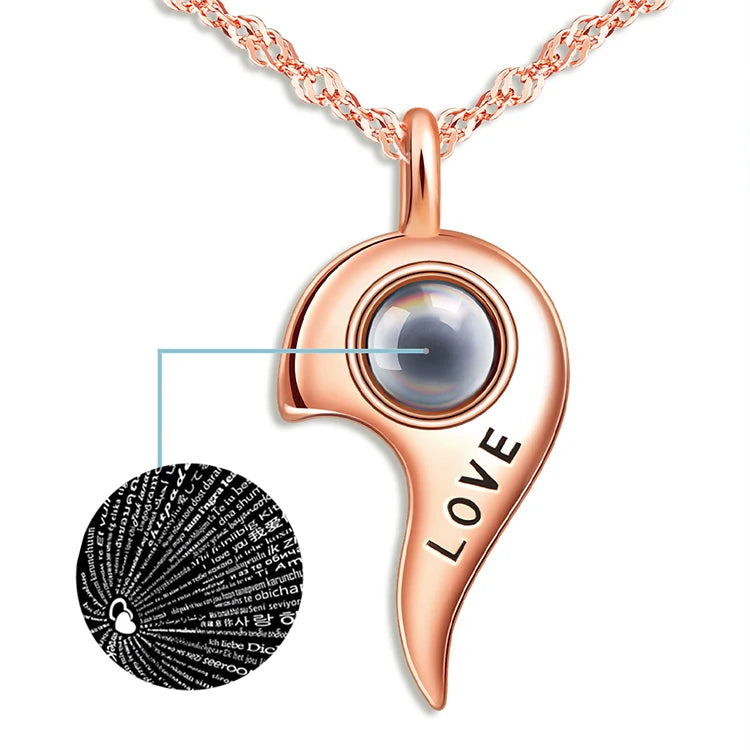 925 Silver 100 Languages "I Love You" LOVE Alphabet Necklace Half Heart Projection Necklace Rose Gold