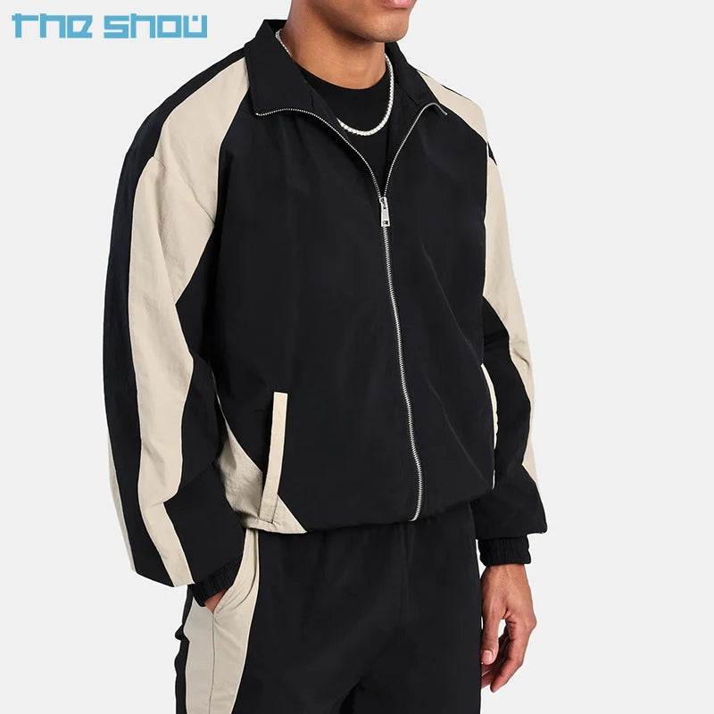 Nylon Panelled Track Jacket Custom Patchwork Sports Tracksuits Zip up Nylon Jacket and Pants Mens Jogger Gym Sets Track Suit