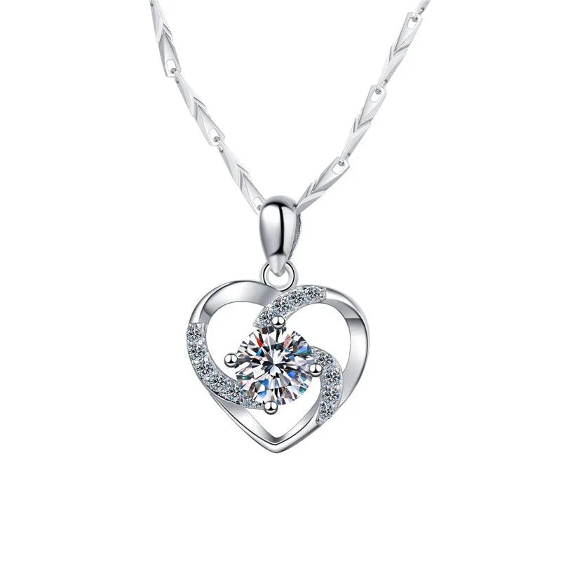 Hot Sale 925 Sterling Silver Jewelry Moissanite Heart Pendant Necklace With Micro Pave Test Diamond Silver Chain for Women