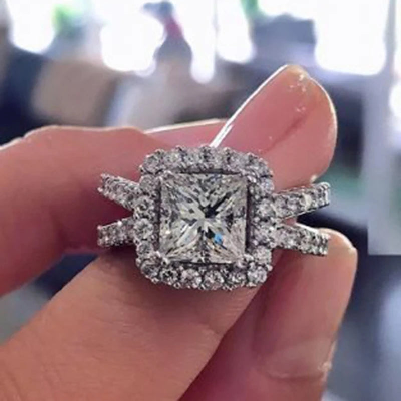 CAOSHI Zircon Crystal Diamond Engagement Infinity Ring 925 Silver Plated Princess Cut Wedding Rings for Women