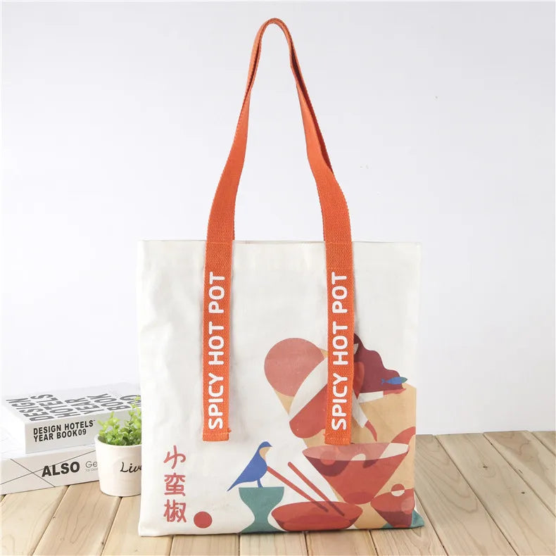 Custom Cotton Canvas White Letter Pattern Medium Shopping Tote & Clutch Bag Shopping Bag