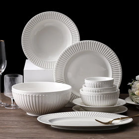 Luxury Gold Rim Bone China Porcelain Dinnerware Sets White Embossing Crockery for Weddings Parties Hotels for Restaurants