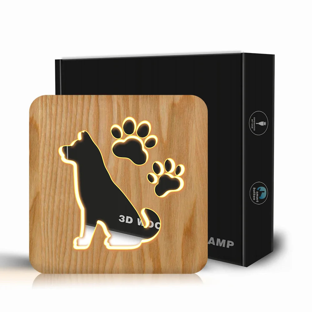 Custom Bedside Anime Table Wooden Dog Cat's Paw Night Desk Led Lamp Light Base Cube Personalized Wood Bedroom Gifts Crafts