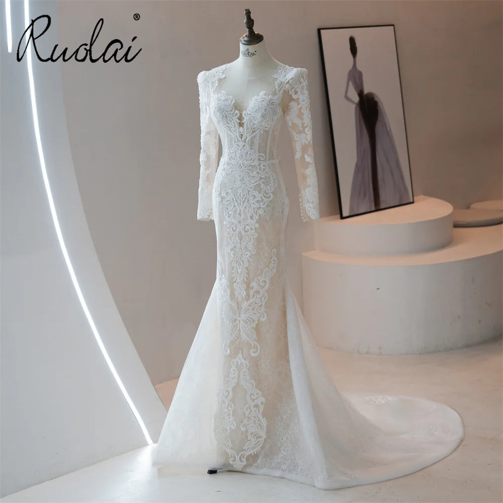 Ruolai QW02050 Mermaid Sequined Lace Full Sleeve Wedding Gown for Bride Lace Bride Wedding Dresses MegaBDM
