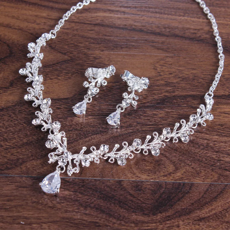 New Korean Necklace Earrings Set Zircon Earrings Alloy Bride Wedding Two-piece Wedding Dress With Accessories