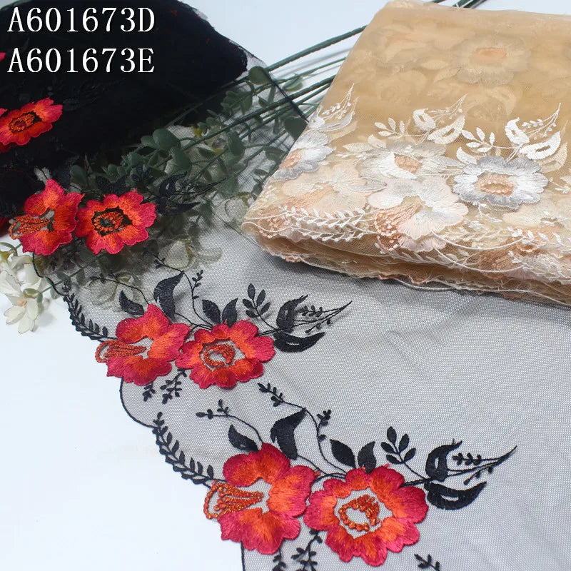 Latest OEM Embroidery Net Lace 25CM Coloful Red Flower Tulle Lace Trim Black Nude Mesh Lace Fabrics for Dress Garment Party