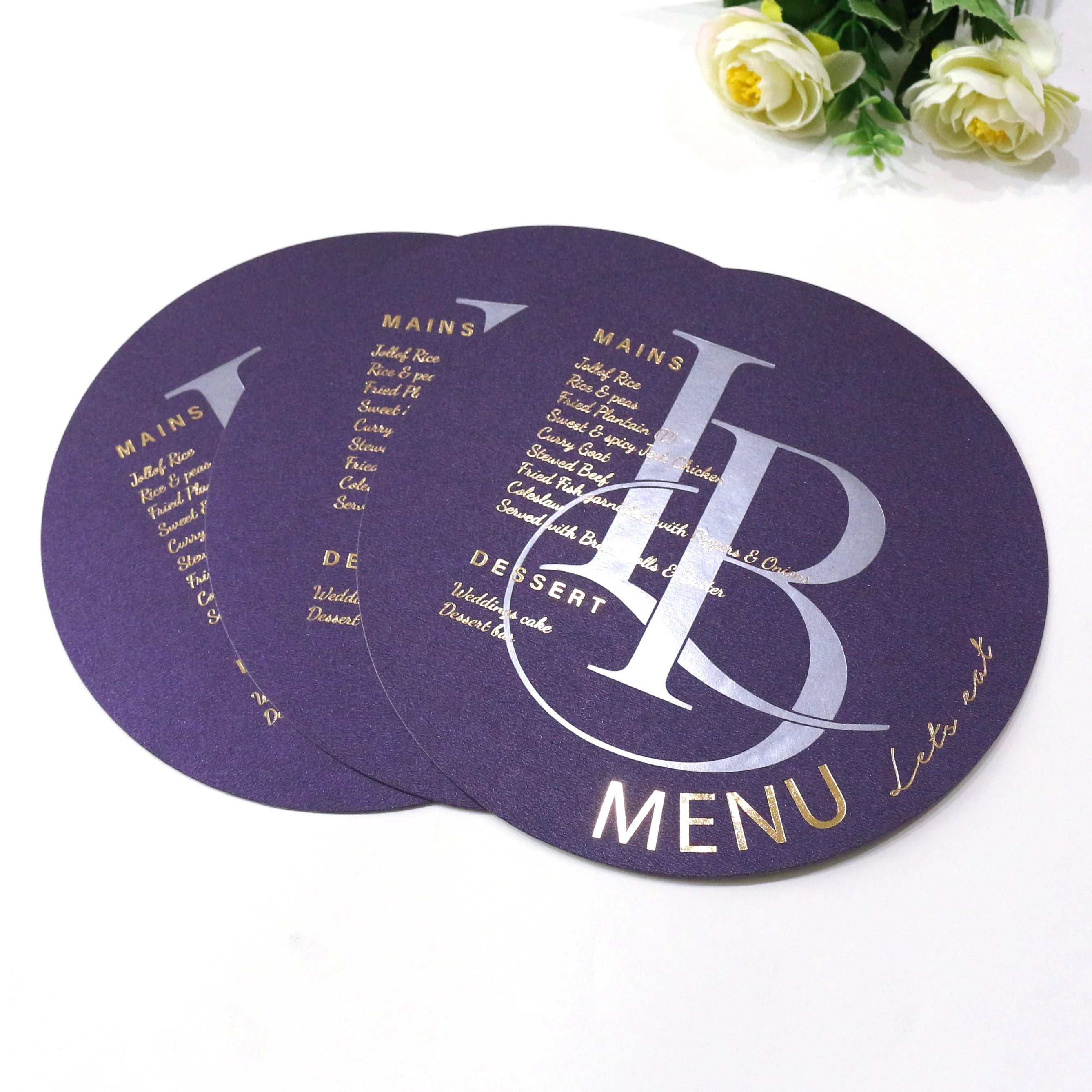 Morden Silver Foil Deboss Initials Gold Text Purple Round Menu Card for Wedding Party Event Supplies