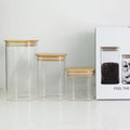 600ml 1000ml  1500ml Hot Sale 3pcs Set square clear Glass Jar with Bamboo Wood Lid