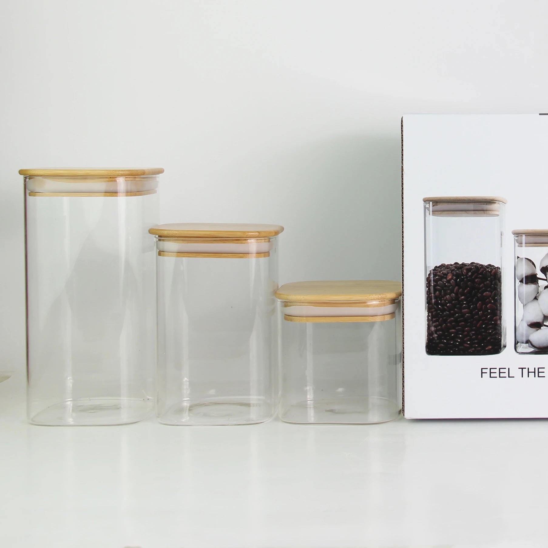 600ml 1000ml  1500ml Hot Sale 3pcs Set square clear Glass Jar with Bamboo Wood Lid