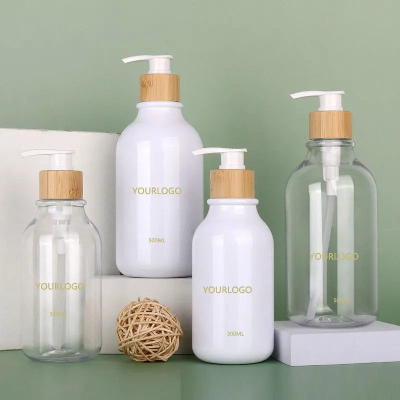 300ml 500ml Clearamber for Clear White PET Plastic Shampoo Bottle with Bamboo Lid