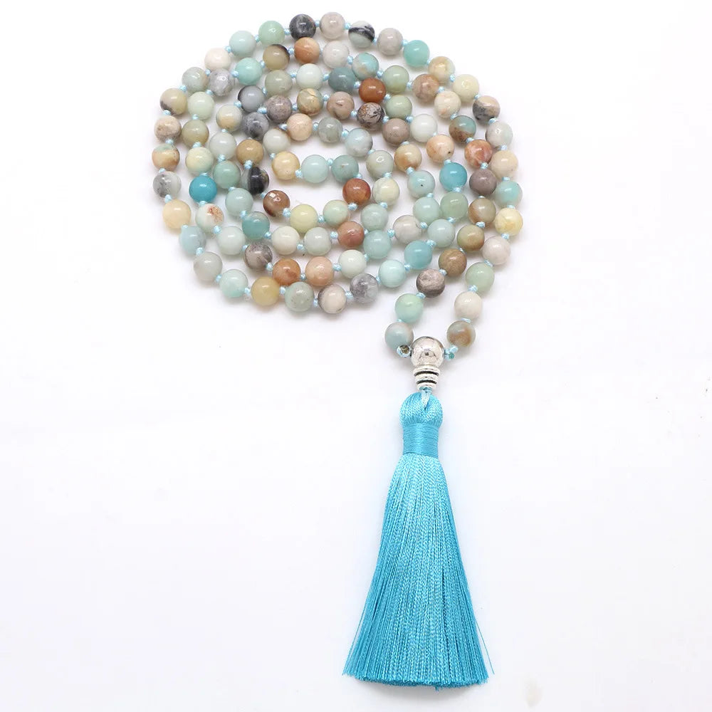 8mm Jade Agate Tibetan Silver Vintage Religious Gift Japamala Set 108 Mala Beaded Tassel Necklace Turquesa Africana Bracelet