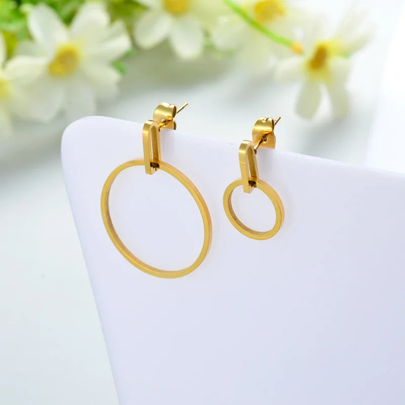 Stainless Steel Fashion Jewelry Double Two Circle Big Round Hoop Dissymmetry Earrings