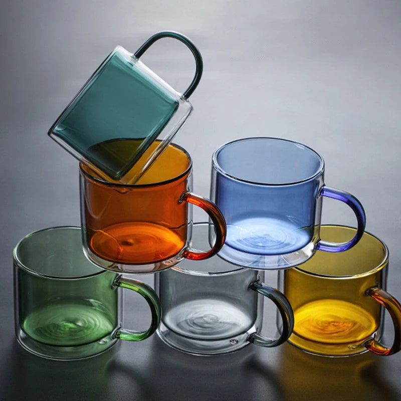 Modern Double Glass Cup Double-layer Borosilicate Glass Cup Colorful Glass Tea Cups for Milk Juice Water Breakfast