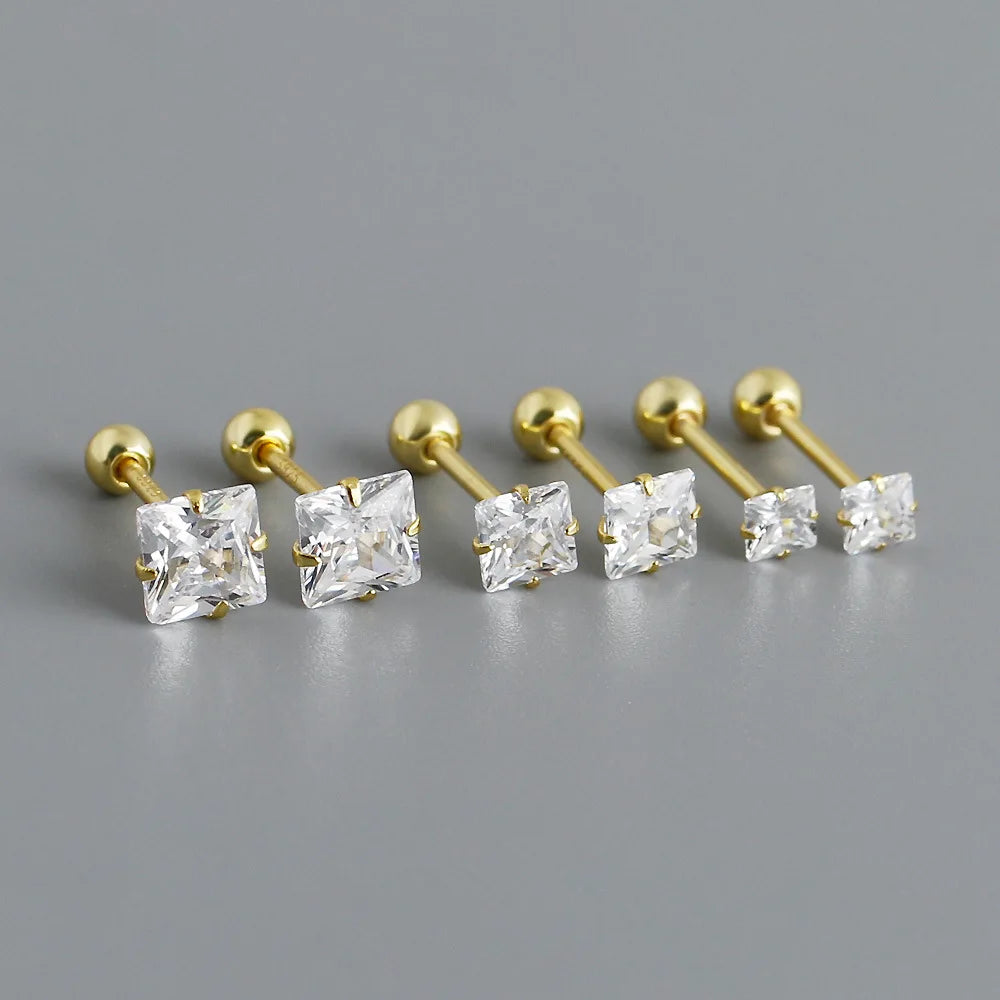Wholesale Sterling Silver Jewelry S925 square Zircon Screw Stud Earrings Jewelry Sterling Silver Minimalist Stud Earrings Women