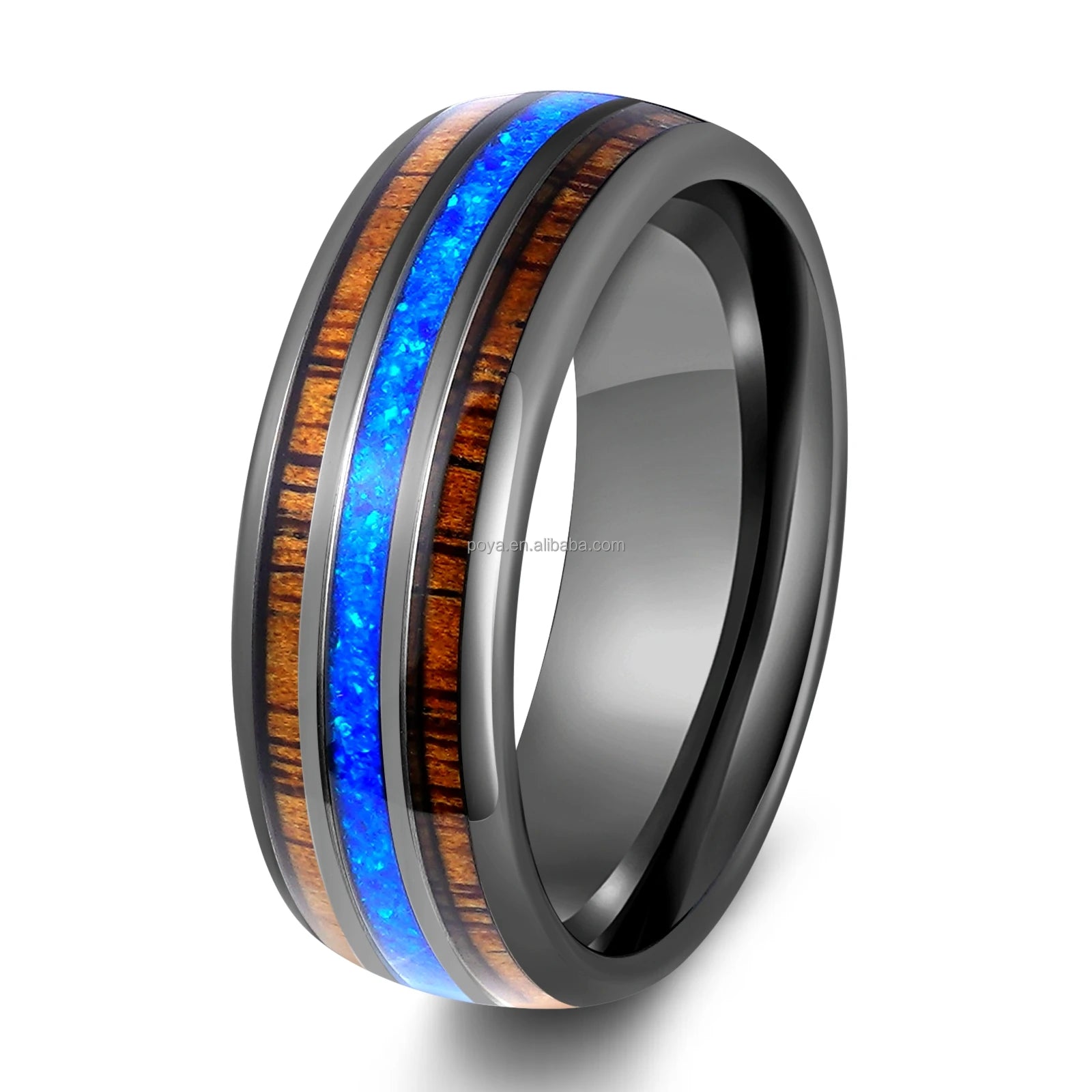 POYA Unisex 8mm Acacia Wood Blue Opal Inlay Tungsten Ring Dark Gunmetal Black with Classic Style for Wedding Gift Anniversary