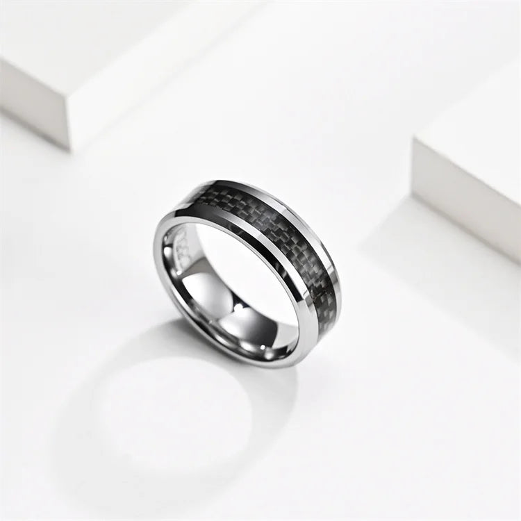 New Arrival Men's Tungsten Steel Ring Silver and Black  Plated comfort Fit Carbon Fiber Ring Custom Made Jewelry