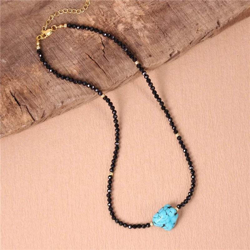 Handmade Chic Real Black Spinel Beads Raw Turquoise Choker Necklace Women Simple Short Necklace Gift Jewelry Dropship