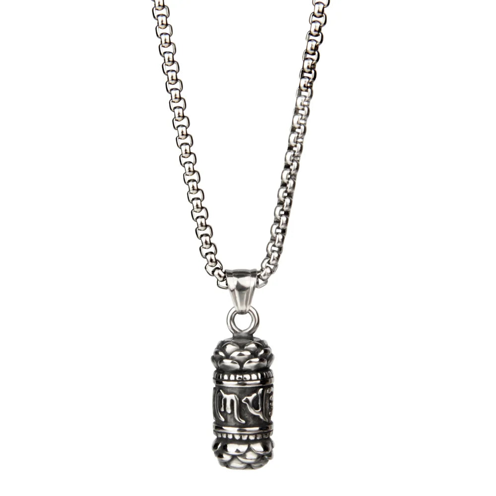 Vintage Buddhist Stainless Steel Pendant Necklace with Box Chain Six-Character Mantra and Lotus Titanium Steel Accessories