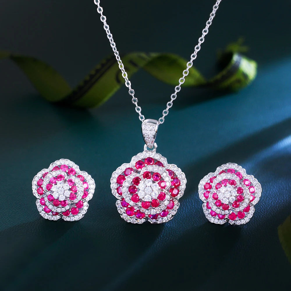 Elegant Flower Pendant Wedding Luxury Necklace and Earrings Full Zirconia Bridal Big Red Flower Shape Jewelry Set for Women