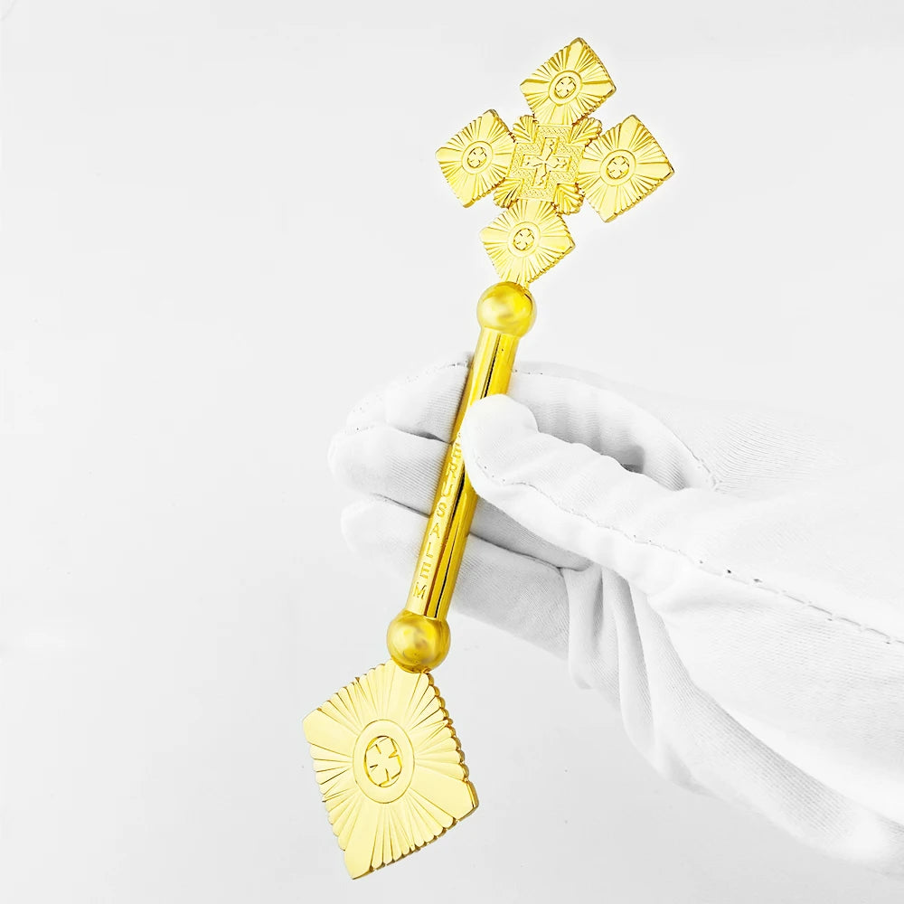 HT 20cm Orthodox Blessing Cross Ethiopian Cross Gold Alloy Handheld Cross with Engraving for Church Ceremony Christian Gift