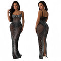 Women Elegant Slim Evening Dress Spaghetti Strap Mesh Rhinestone Party Club Wear Floor Length Lady Shiny Long Dresses
