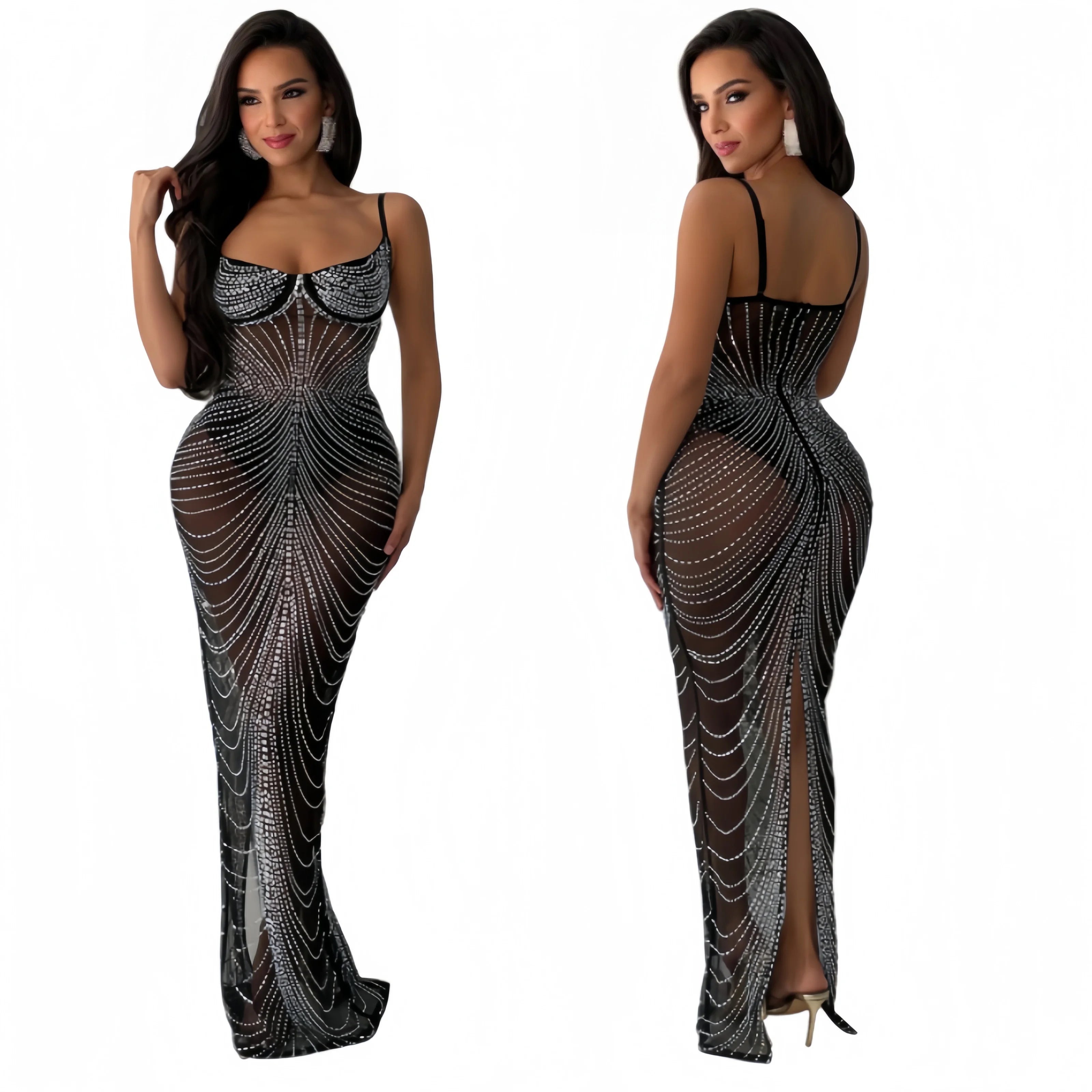Women Elegant Slim Evening Dress Spaghetti Strap Mesh Rhinestone Party Club Wear Floor Length Lady Shiny Long Dresses