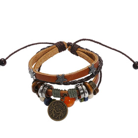 Multi-layer Zodiac Pendants Leather Braided Bracelet Charm Women Men Gift KIB134