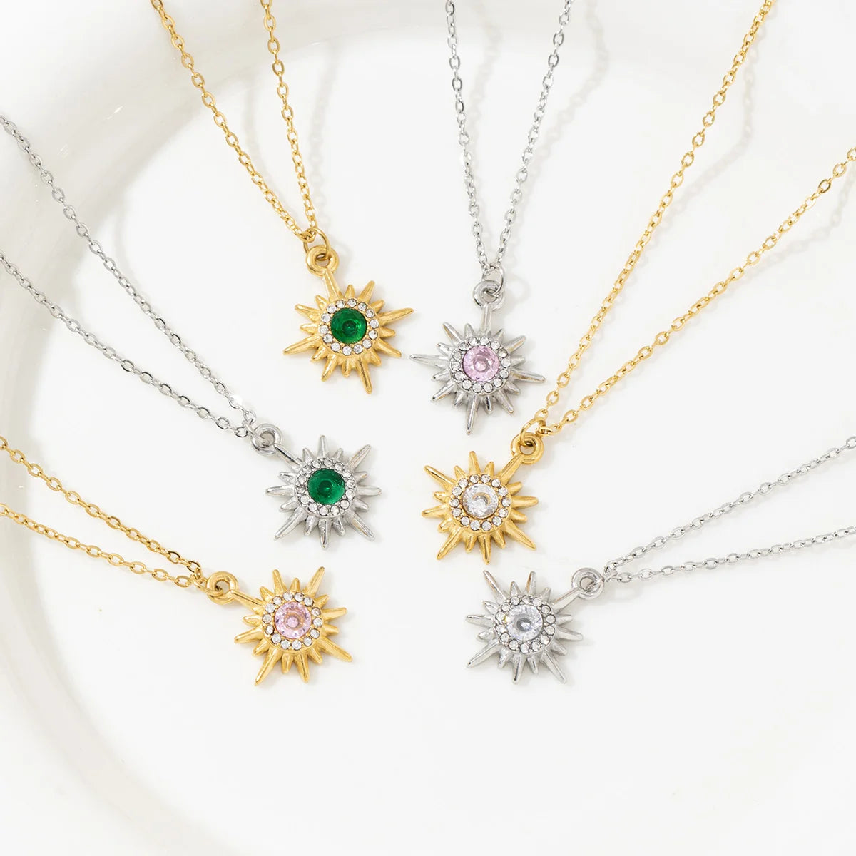 Fashion Sweater Chain Simple Jewelry Stainless Steel Plated 18k Octagon Star Zircon Pendant Sun Necklace