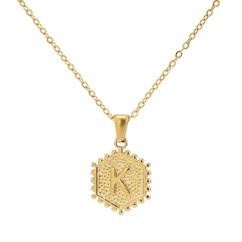 BJG0199N No Fade 18k Gold Plated 26 Letter Hollow Out Pendant Link Chain Stainless Steel Necklace for Anniversary