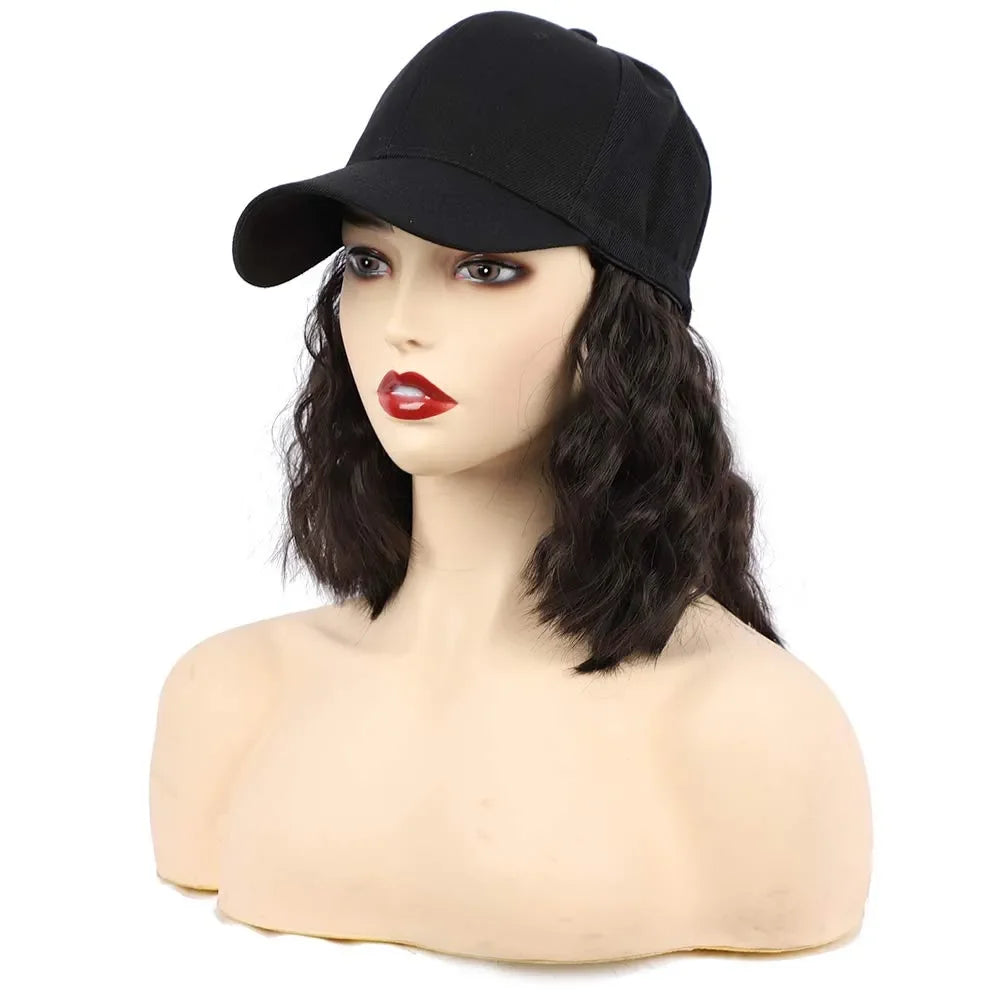 Women's Small Synthetic Wave Baseball Cap Wig with Short Wavy Hair Extensions Adjustable Brown Black
