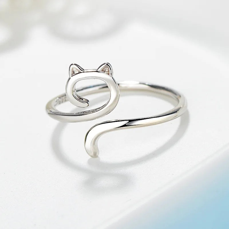 Lovely Cute 925 Sterling Silver Open Adjustable Cat Ring Animal Fine Jewelry