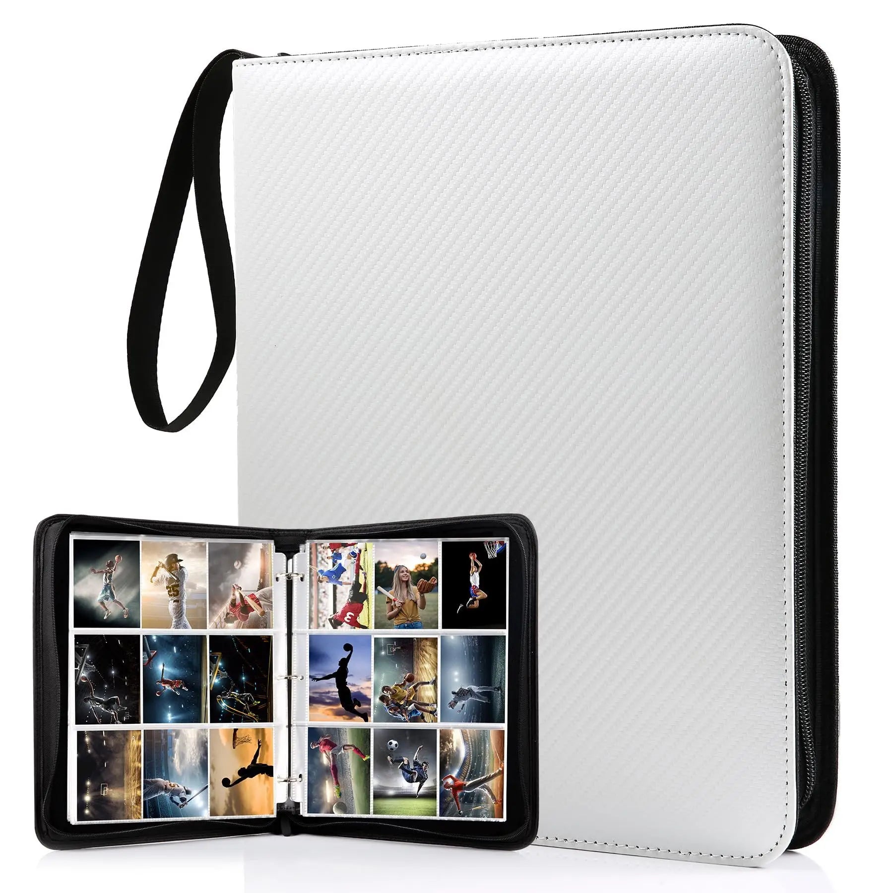 Custom White PU Sports & Business Card Binder with Zipper Closure 9 Pockets Handle